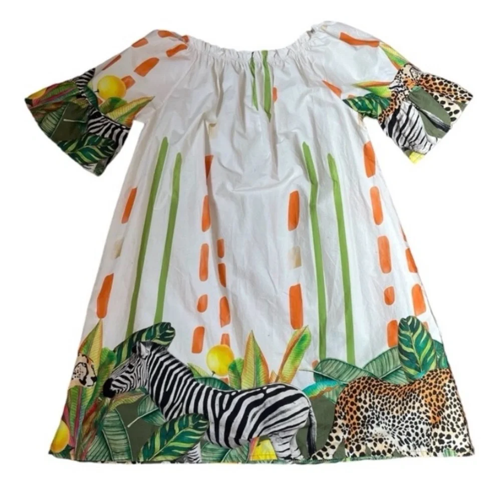 𝐂𝐢𝐯𝐢𝐜𝐨 𝟓𝟏 - Made in Italy, Tropical 🌴 Safari Off The Shoulder Dress, NWT - Picture 3 of 3